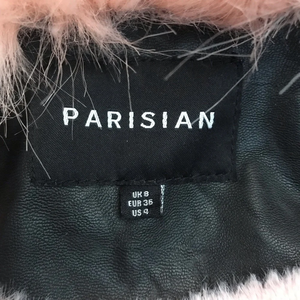 Black Faux Leather Jacket Pink Faux Fur Collar Womens Small US 4 Crop Moto Rebel - Picture 4 of 16